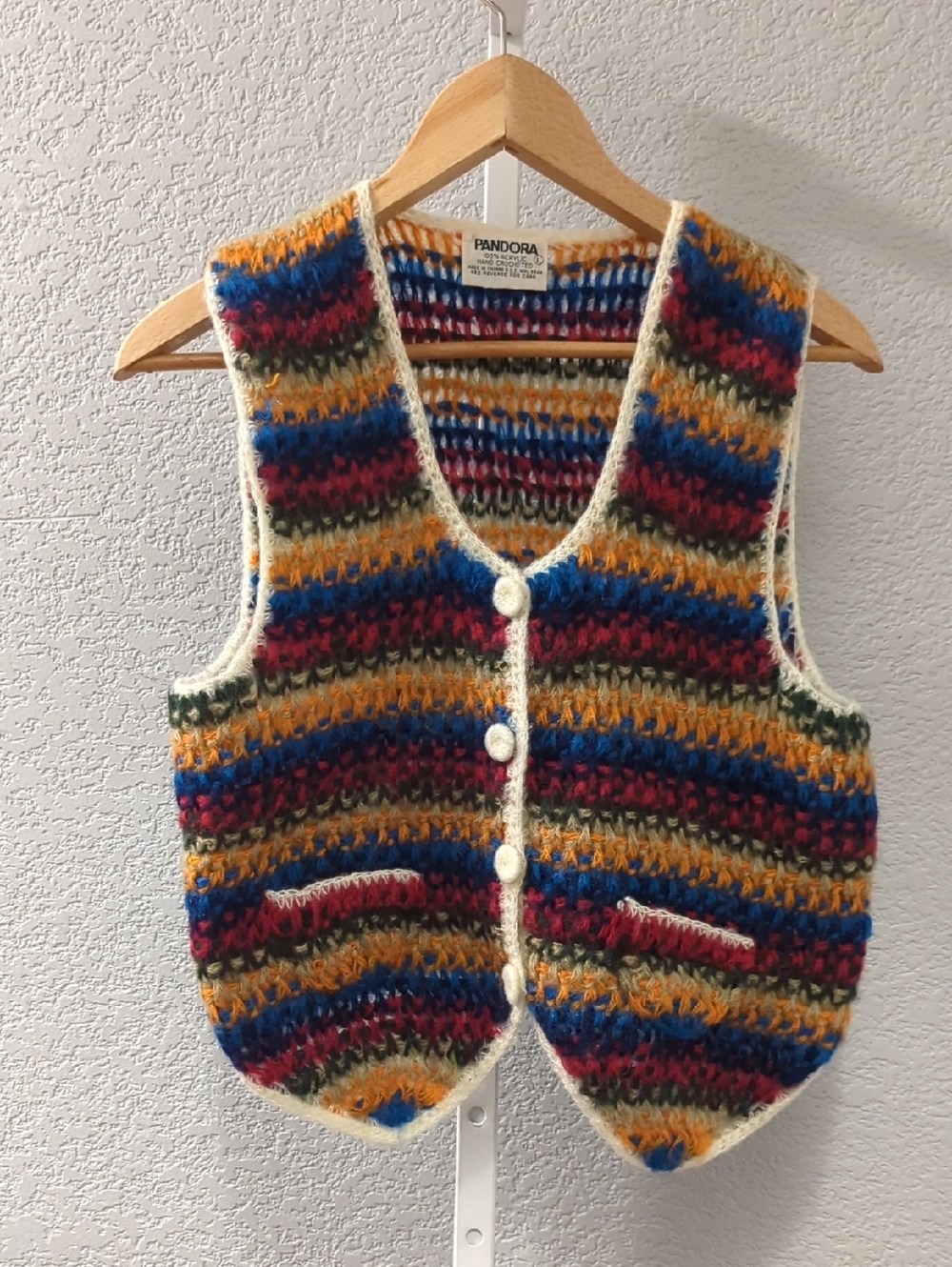 VTG 70s Pandora Hand Crocheted Sweater Vest Large Boho Granny Stripe Multi Color